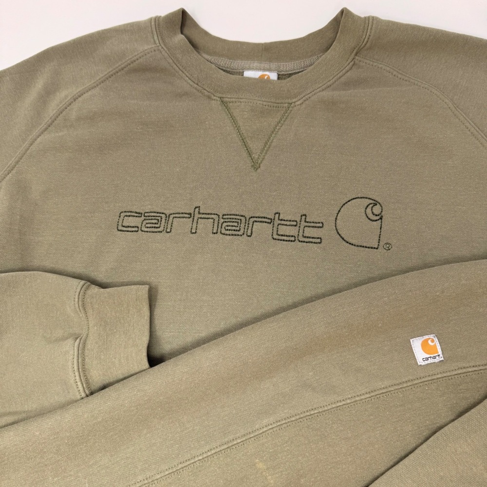 Carhartt Women XL Olive Green Crewneck Sweatshirt Embroidered Logo Raglan Sleeve